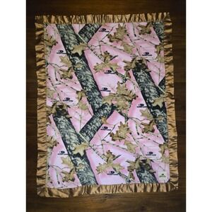 Mossy Oak Break Up Baby Blanket Camo Pink Brown Fleece Silk 30.5x39.5" See Pics